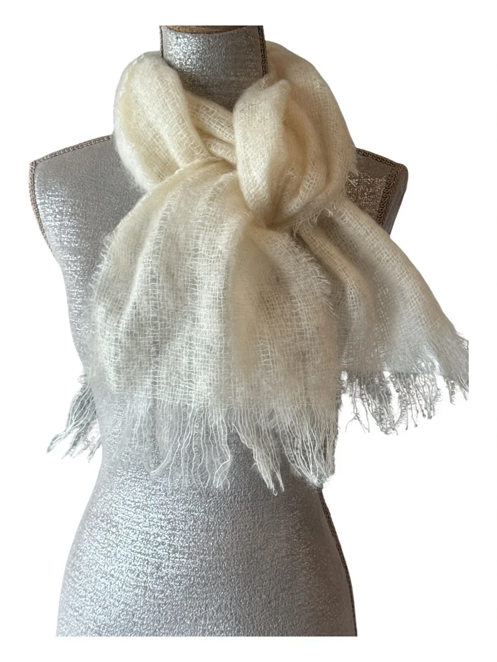 Avoca Handweavers Ivory Mohair Wool Fringe Scarf Wrap Ireland Size OS